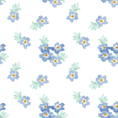 Seamless background with blue forget me not doodles, blue flowers on white background. Luxury pattern for creating textiles, wallpaper, paper. Vintage. Romantic floral Illustration