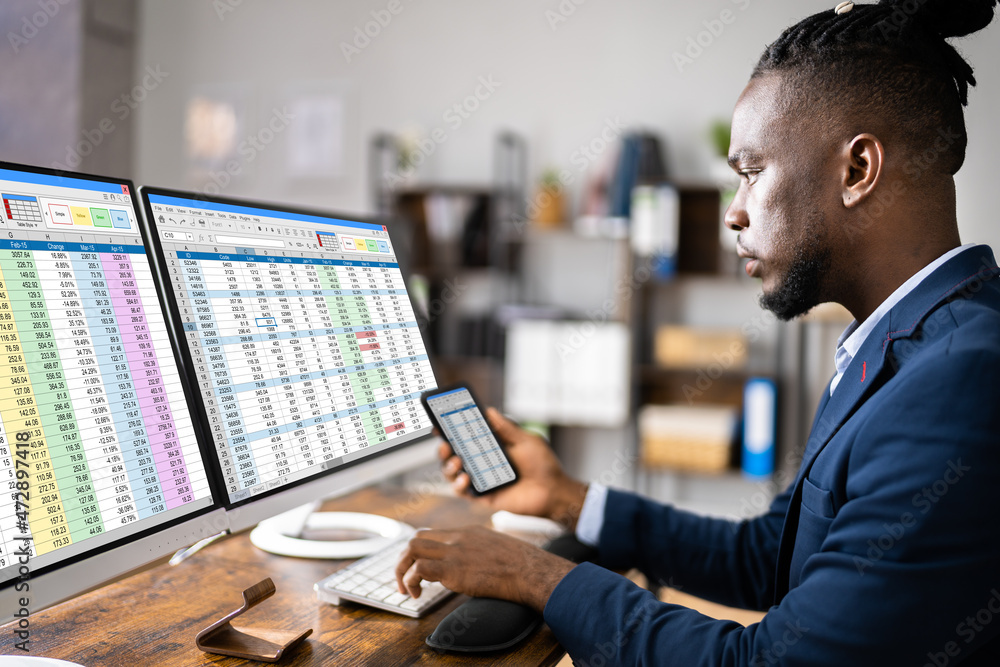 Poster analyst employee using spreadsheet