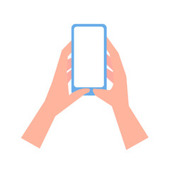 Vector hands holding phone. Isolated hands with smartphone screen. Vector stock illustration.