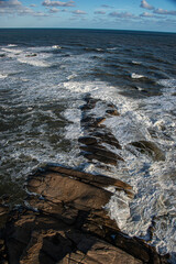 View of rocks in the Atlantic ocean from La Paloma lighthouse, Rocha, Uruguay.