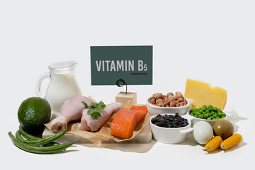 A set of natural products rich in vitamin b5 Pantothenic acid. Healthy food concept. Cardboard sign with the inscription.
