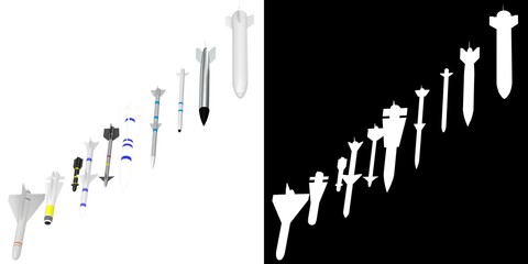 3D rendering illustration of a collection of missiles and bombs