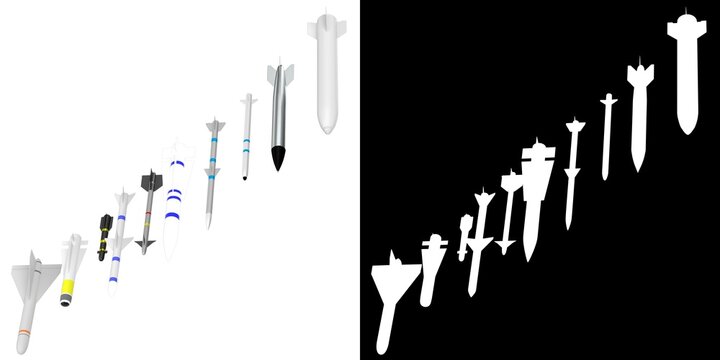 3D rendering illustration of a collection of missiles and bombs