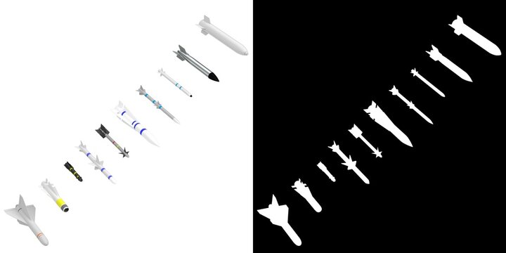 3D rendering illustration of a collection of missiles and bombs
