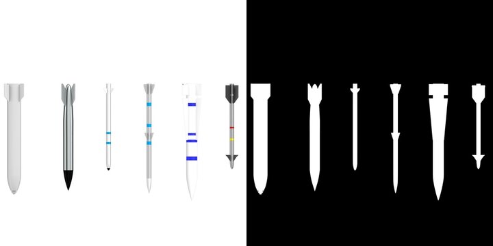 3D rendering illustration of a collection of missiles and bombs