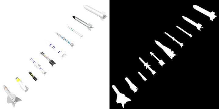3D rendering illustration of a collection of missiles and bombs