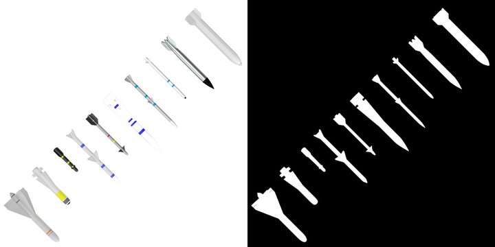3D rendering illustration of a collection of missiles and bombs
