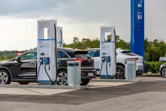 Lillesand, Norway - August 01 2021: E.ON ABB Clever Charging Station at Br&oslash;nningsmyrkrysset.