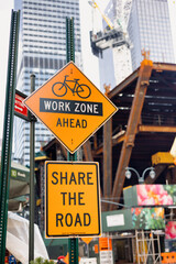Construction site sign, work zone ahead