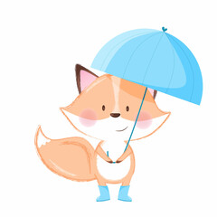 CUte ginger fox with blue umbrella and blue boots