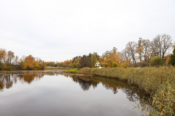 Natural countryside autumn view of small lake with lovely yellow and orange trees around.