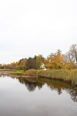 Fototapeta na wymiar Natural countryside autumn view of small lake with lovely yellow and orange trees around.