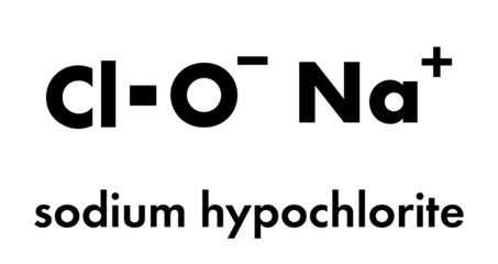 Sodium hypochlorite (NaOCl) molecule. Aqueous solution is known as (liquid) bleach. Skeletal formula.