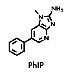Fototapeta premium PhIP or 2-Amino-1-methyl-6-phenylimidazo(4,5-b)pyridine molecule. Heterocyclic amine present in cooked meat. Skeletal formula.