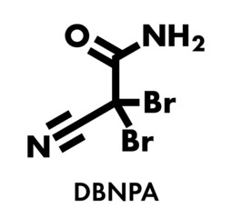 DBNPA (2,2-dibromo-3-nitrilopropionamide) biocide, chemical structure. Quick-kill biocide that rapidly breaks down in water. Skeletal formula.