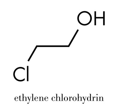 Ethylene chlorohydrin molecule. Side product formed during ethylene oxide sterilization. Skeletal formula.