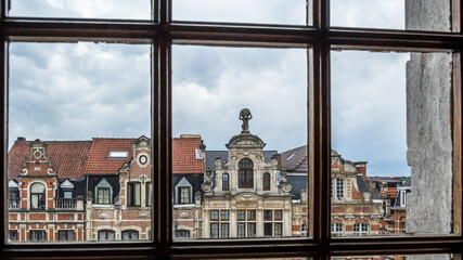 View of the rooftops of the downtown of the city of Leuven, Belgium, from the KU Leuven University academic buildings - obrazy, fototapety, plakaty