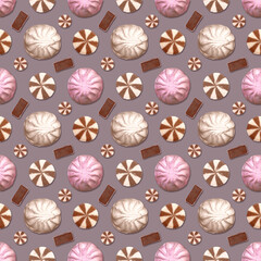 Seamless geometric pattern of sweets marshmallows, candies and cookies
