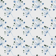 Watercolor blue pattern. Branches, leaves and flowers. Winter and spring plants. Hand drawn illustration