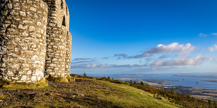 the view from the fyrish monument above Alness and the Cromarty Firth near Inverness showing oil rigs being constructed