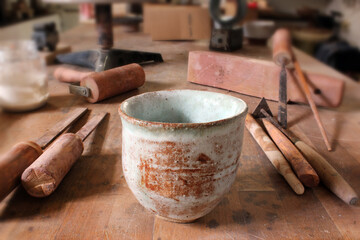 Shinoware Chawan ceramics pottery tea bowl with craftsman studio tools