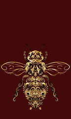 Black, Gold and Decorative Filigree Scroll-work Bee Design On Burgundy Background