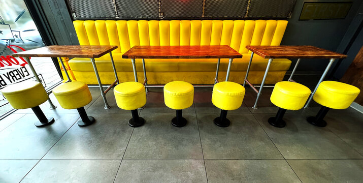 Empty Tables And Chairs, In A Cafe, Just After The Covid 19 Restrictions Had Been Lifted In, Bradford, Yorkshire, UK