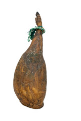 A leg of a Spanish Serrano ham, with a green and white twine, in a vertical position, isolated on white background. With copyspace to the right.