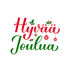 Hyvaa Joulua calligraphy hand lettering. Merry Christmas typography poster in Finnish. Easy to edit vector template for greeting card, banner, flyer, sticker, etc