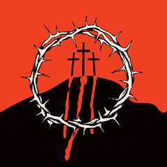 Religious illustration with crown of thorns, three black crosses and blood drips on Mount Calvary on a red background. Catholic and Christian symbol. Vector banner on a theme of Easter and Good Friday