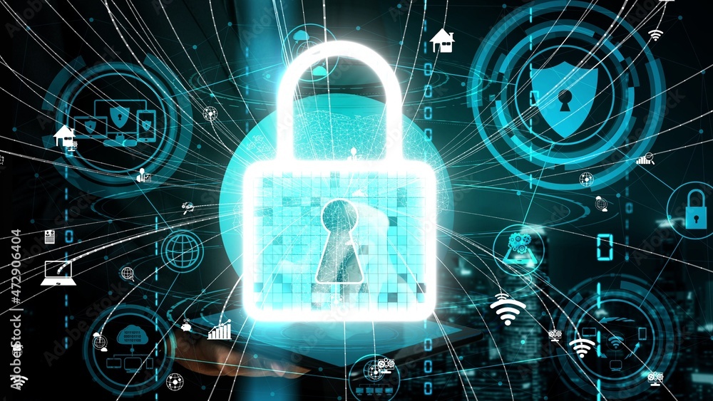 Poster cyber security encryption technology to protect data privacy conceptual . 3d render computer graphic