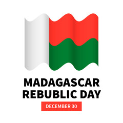 Madagascar Republic Day lettering with flag isolated on white. National holiday celebrated on December 30. Vector template for typography poster, greeting card, banner, flyer, etc