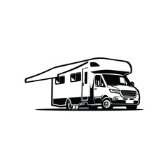 Campervan vector isolated. Black and white motorhome RV in white background
