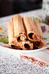 Closeup sweet homemade waffles dessert breakfast food eat tasty baked cake biscuits delicious pastry nobody plate