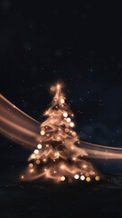 Dark festive background with golden bokeh, abstract golden Christmas decorated tree with festive lights. New Year's abstraction, magical holiday atmosphere. 3d illustration. 