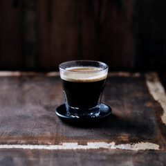 Coffee in glass cup on dark wooden background. Close up.