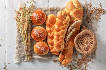 Homemade buns and challahs with grain and ears.