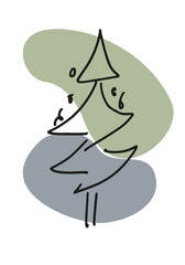 Abstract trendy minimal wall art. Christmas tree line art drawing with shape. Minimalism, natural wall art.