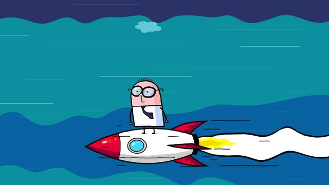 Cartoon businessman flying on the rocket on a crazy background. Office employee becomes faster. He feels the power. He is very proud of himself. Everyone can be a hero. Success.
