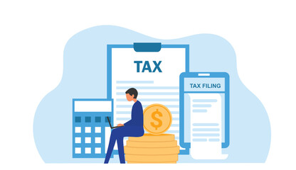 Online tax filing concept, businessman filling tax form documents online vector illustration  - obrazy, fototapety, plakaty
