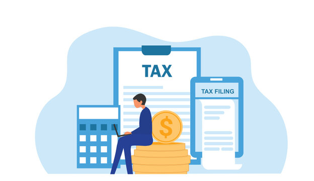 Online Tax Filing Concept, Businessman Filling Tax Form Documents Online Vector Illustration 