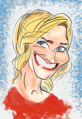 Caricature of a blond lady in a red shirt with snow background