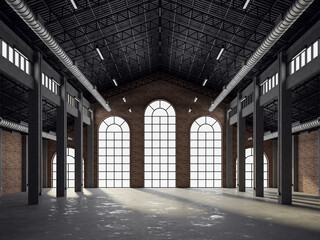 Industrial loft style empty old warehouse interior 3d render,brick wall,concrete floor and black steel roof structure