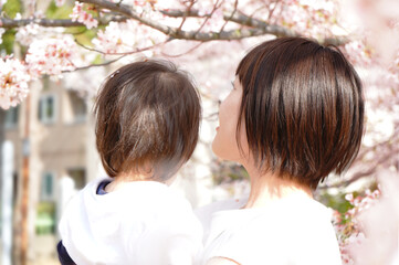 桜の花を見る子供と母親