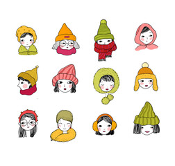 Winter caps, warm accessories. Girls in knitted hats and scarves. Female faces with different emotions .Vector illustration