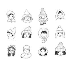 Winter caps, warm accessories. Girls in knitted hats and scarves. Female faces with different emotions .Vector illustration