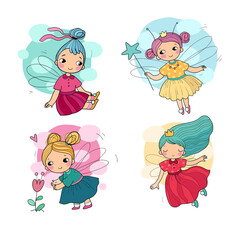 Set with cute cartoon fairies. Wood elves. Little girls princess with wings fly over flowers. Funny ladybug. Vector illustration