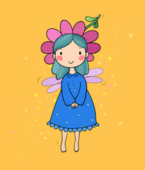 Cute cartoon fairy.Little Flower elf. Little girl with wings.