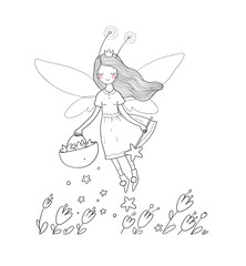 Cute cartoon fairy.Little Flower elf. Little girl with wings.