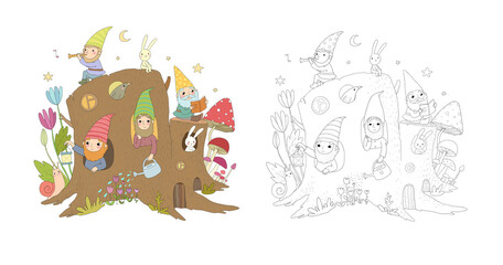 Cute cartoon gnomes sleep on mushrooms. Little wood elves. Cheerful boys in caps. Illustration for coloring books. Monochrome and colored versions. Worksheet for children and adults